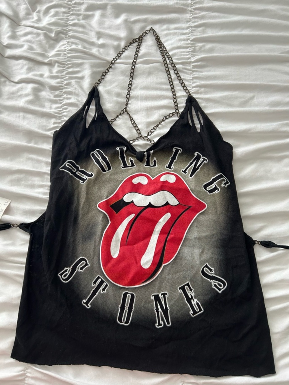 Rolling Stones Black Graphic Tank Top with Chain Straps